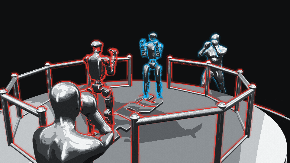 The ARC ring: two humanoid avatars inside the cage and a pilot on the track behind each, facing the same way