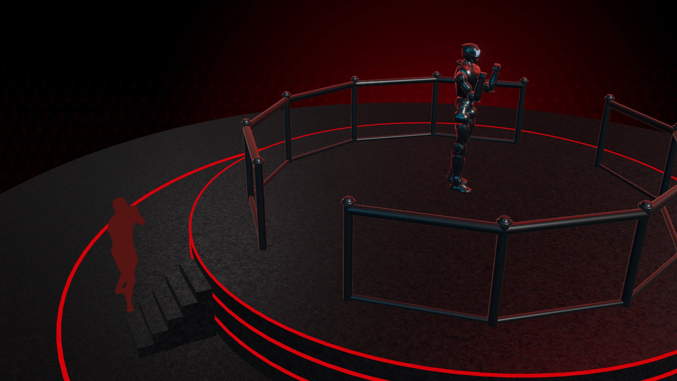 The ARC ring: a T800 avatar in the boxing guard inside the cage, and its pilot, a dark silhouette, on the track outside in the same guard, facing the same way