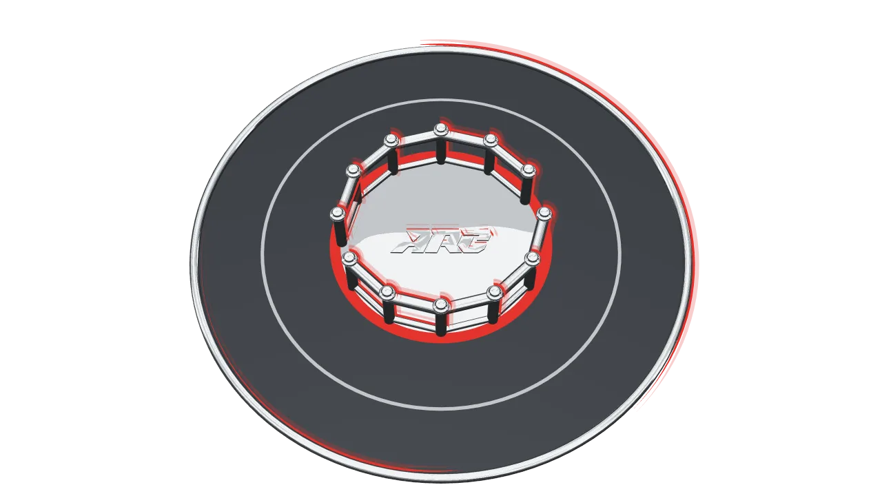 A silver model of the ARC arena, seen from above, with the ARC wordmark on the platform. A flat central arena inside a twelve-post cage with two gates, and a wider pilot ring around it on the same level, with no steps. A narrow channel separates the two rings.