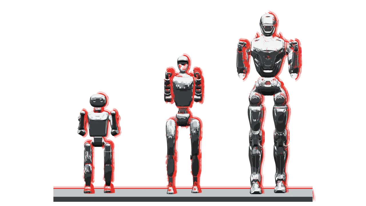 Three silver robots at their real relative heights, each in a boxing guard facing the viewer: a Booster K1 for the small class, a Unitree G1 for the mid class and an EngineAI T800 for the full-sized class. The frame crops their feet and plinths.