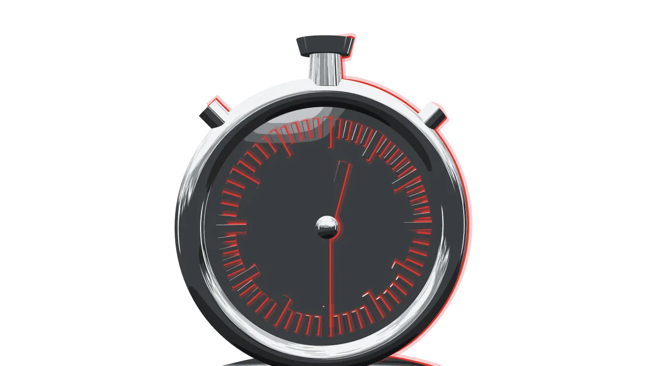 A silver stopwatch set to two minutes thirty, the length of a round, with three pips on its base for best of three.