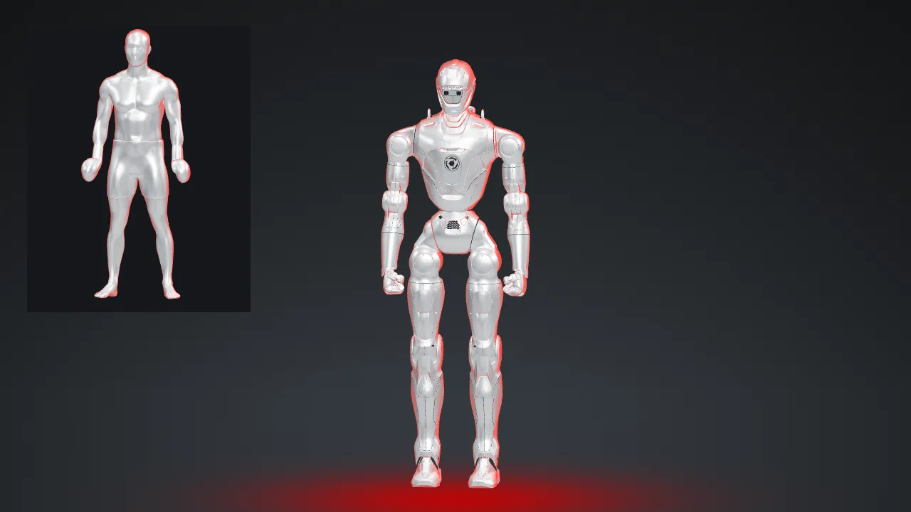 A robot avatar centered on the stage, with the human pilot in an inset at the upper left making the same movement